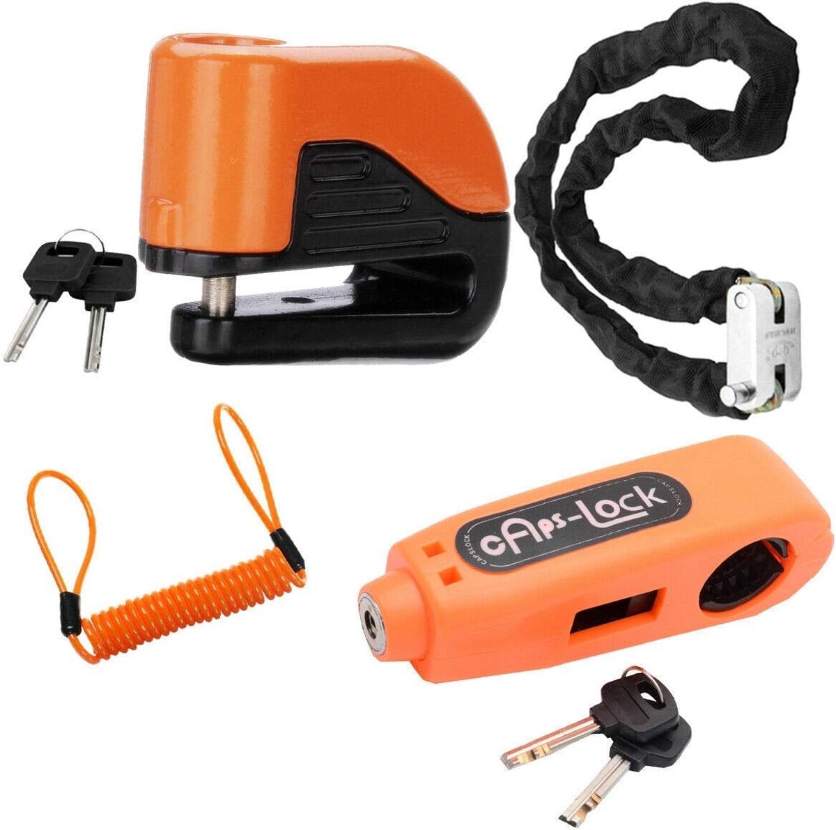 SnelShoppen - Maso Alarm Schijfremslot + Motorstuurvergrendeling + Zware Padlock Antidiefstalbeveiligingsset + 1,5m Herinneringskabel (Stijl F)