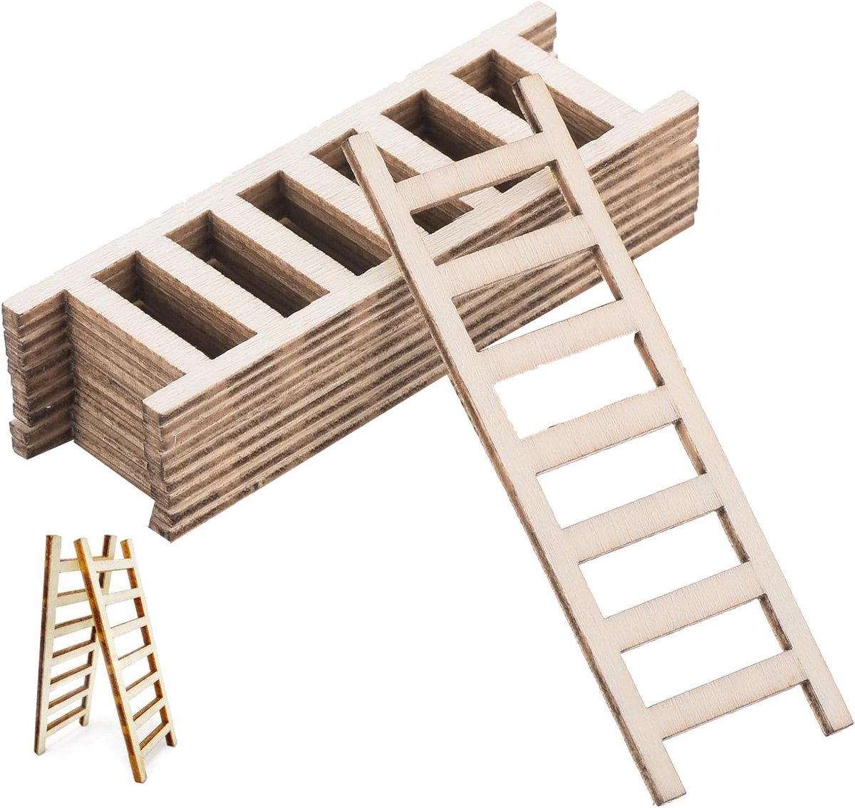 Mini houten ladder 10 stuks - 7 treden - duurzaam hout - perfect voor miniatuur decoratie - SnelShoppen