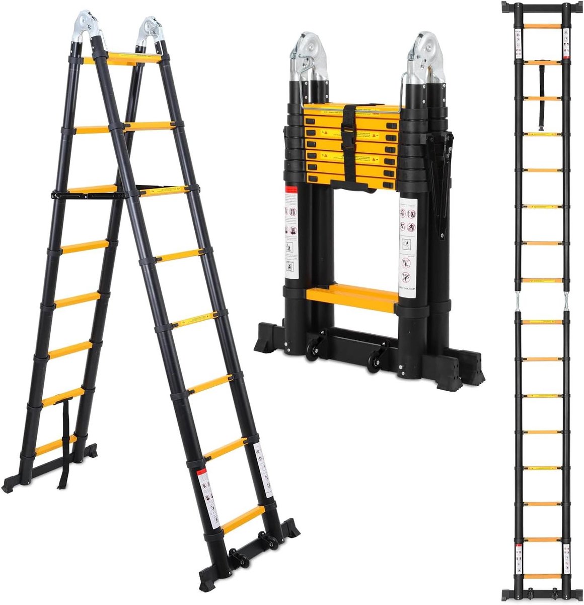 Telescopische Ladder - Vouwladder Opvouwbaar - Huishoudelijk Werk - Stabilisator Inbegrepen - 5 Meter Hoog - Zwart Geel