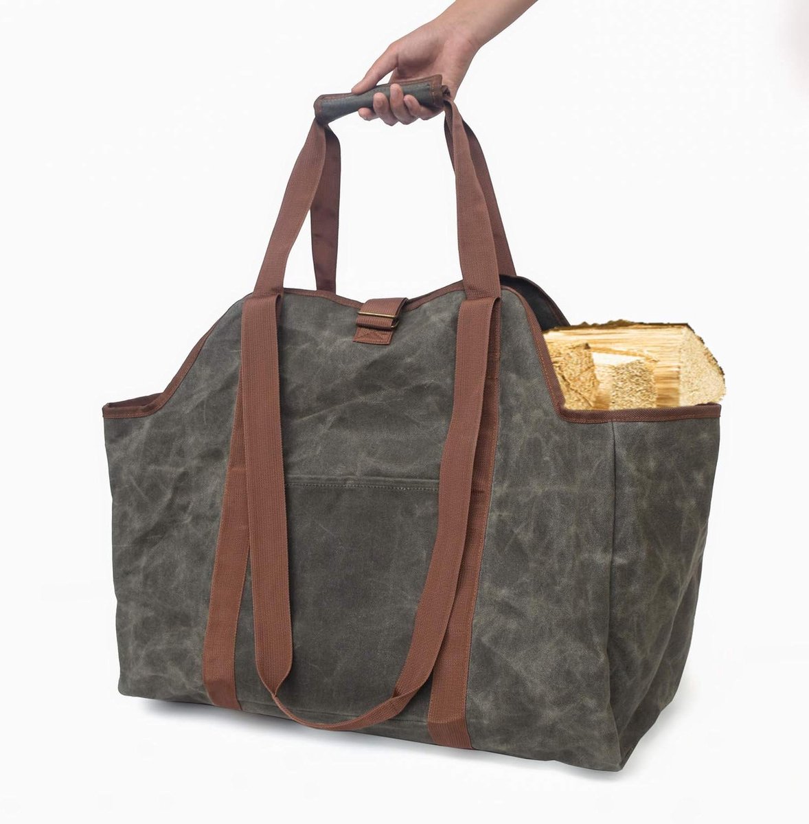 SnelShoppen - Waxed Canvas Houtdrager, Waterdichte Log Tote Bag voor Haardhout, Ronde Houtstapel Rek, Draagtas voor Openhaard en Tuin, Multifunctionee