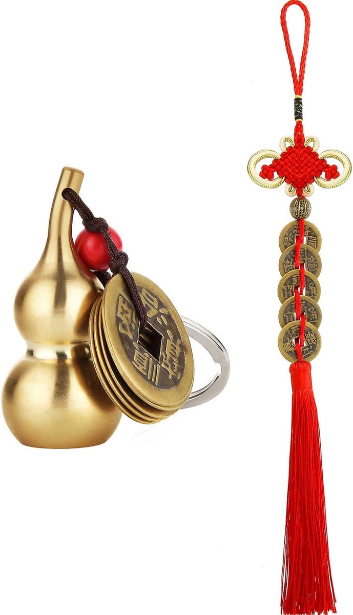 2pcs Chinese coins Feng Shui and brass Wu Lou Health Amulet Gourd Keychain Chinese knot lucky charms red string 2025 - ShopVlot