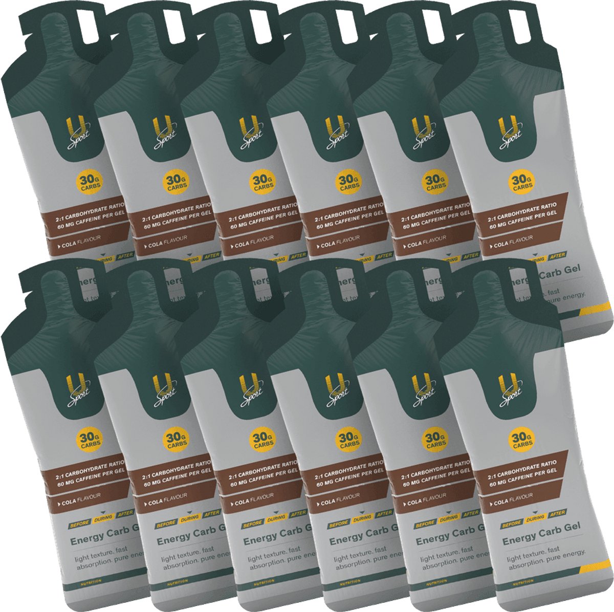 U-Sport Energy Carb Gel - Cola & Cafeïne - 12 x 55g - Energiegel met 30g Koolhydraten & 60mg Cafeïne - NZVT - Vegan