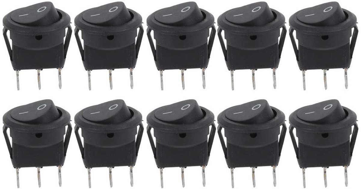 SnelShoppen - 10 Stuks 23mm Mini Rocker Schakelaars, 3Pin 2Positie Ronde Tuimelschakelaar, Zwart Plastic Voor Boot, Industrie, Schakelen Van Stroomvoo