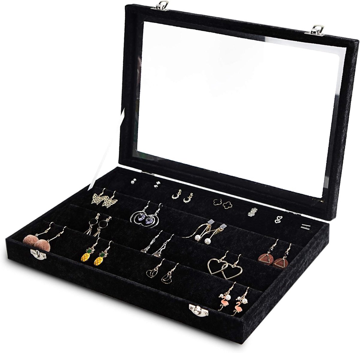 SnelShoppen - Earring Organizer Lade met Transparante Deksel, 64 Slots Velvet Inleg voor Sieradenopslag, Luxe Sieraden Display Doos met Slot voor Vrou