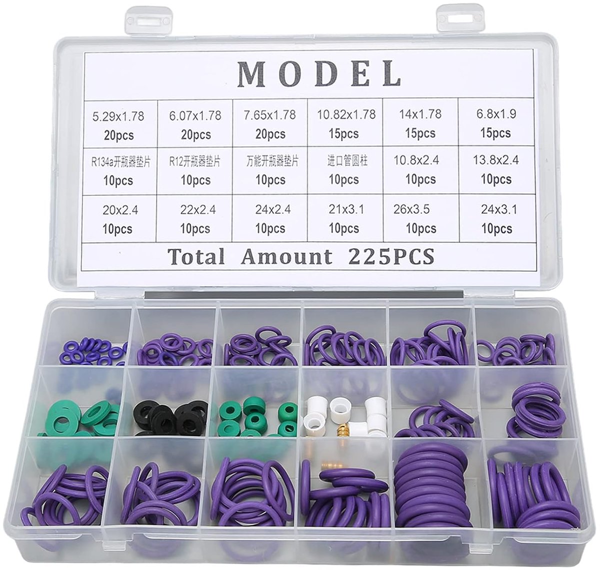 SnelShoppen - O Ring Seal Set 225 Stuks - Complete O Ring Set voor Auto Airco, 14 Maten, Inclusief Ring Spacer voor Machine en Industrie