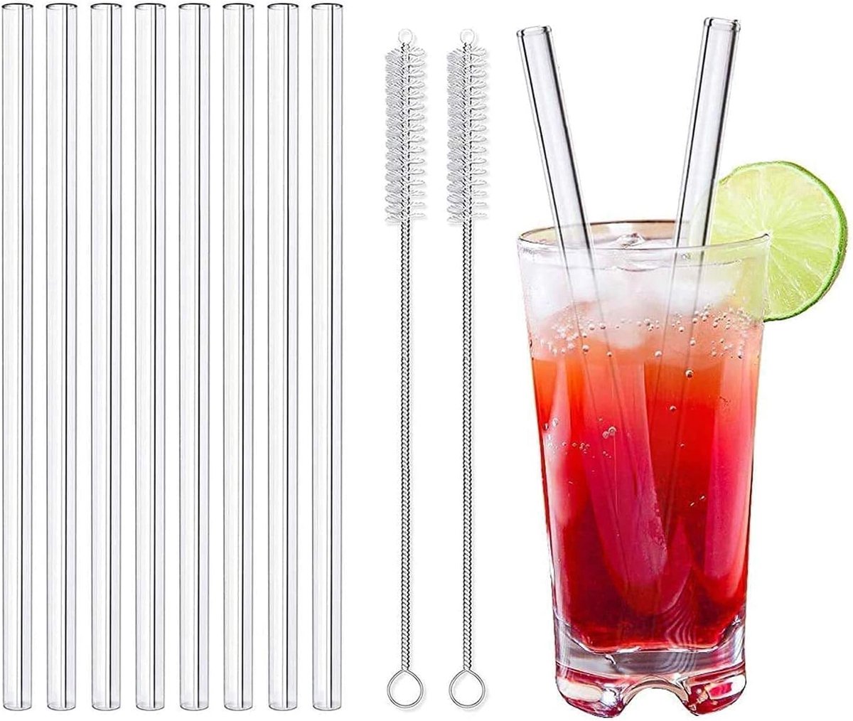 LessMo 8 pcs 21.5 cm Återanvändbara sugrör av glas-LFGB-certifierade genomskinliga glasstrån med 2 rengöringsborstar - ShopVlot