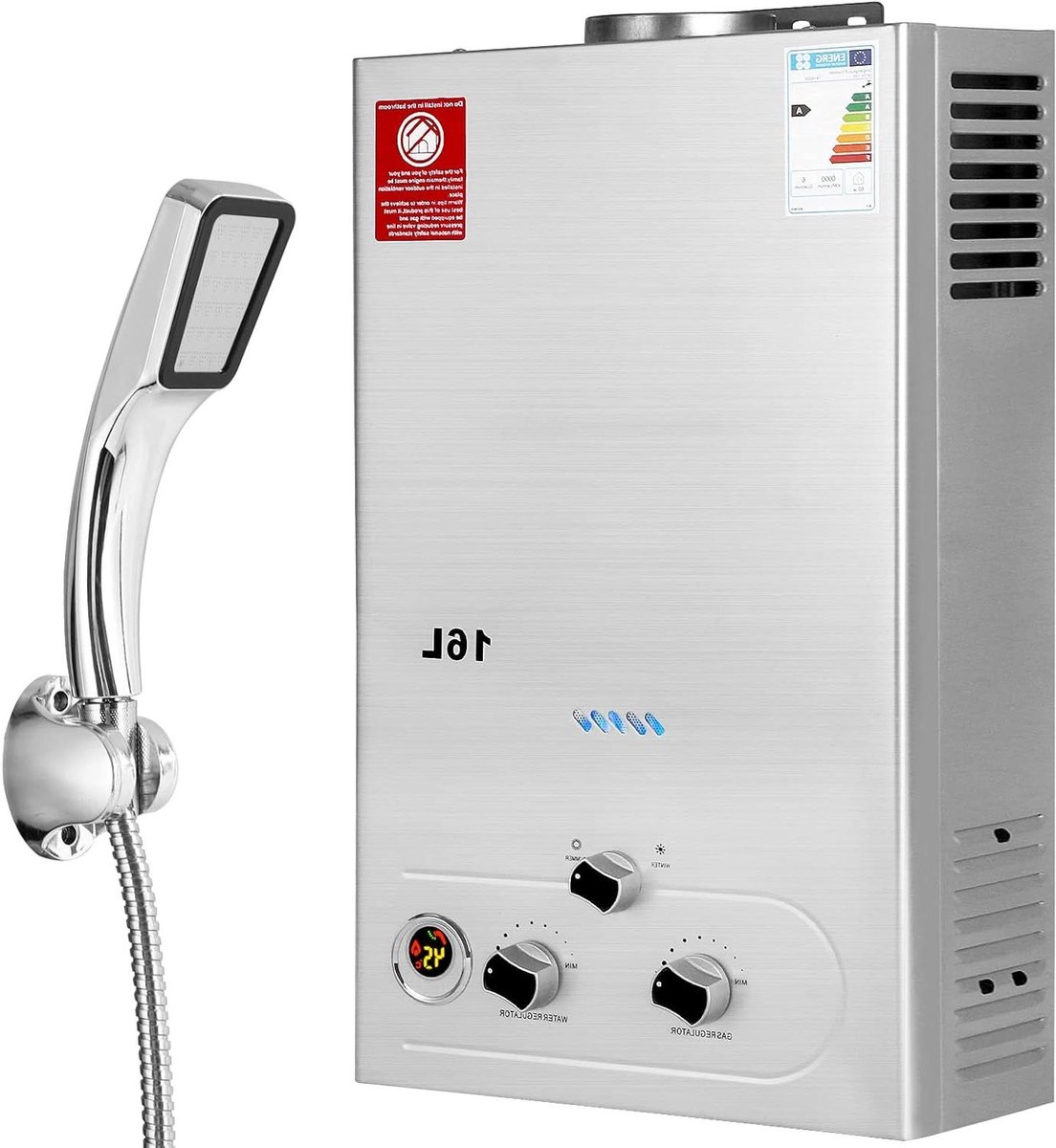 Gas Waterverwarmer - Doorstroomboiler - Direct Warm Water - Werkt bij Lage Druk - 16 LPM - Zilver