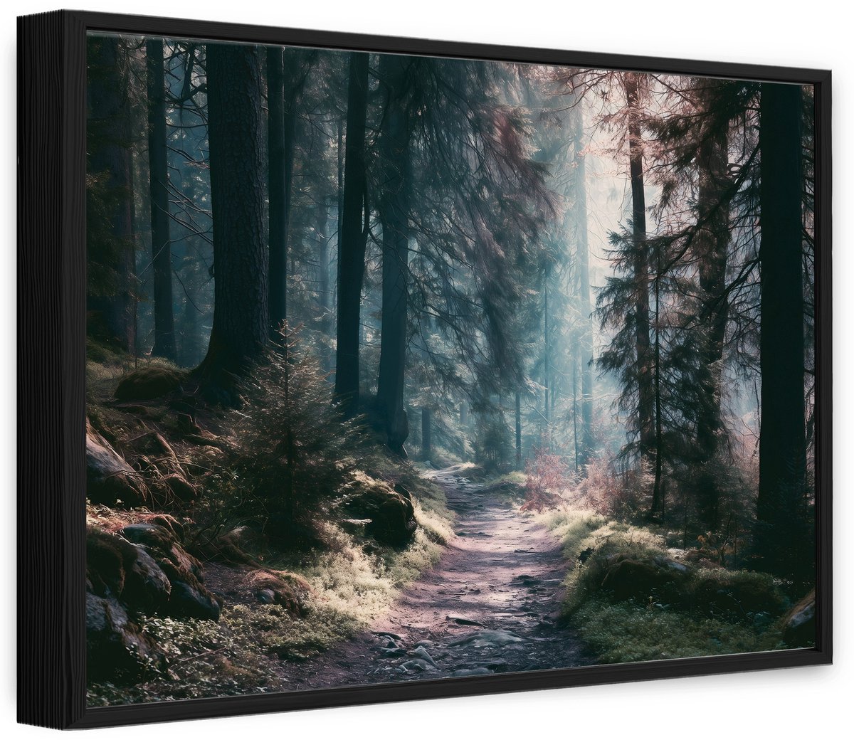 WALLARENA Canvas schilderij met zwarte lijst 90x60 cm - mistig bos met pad Groen