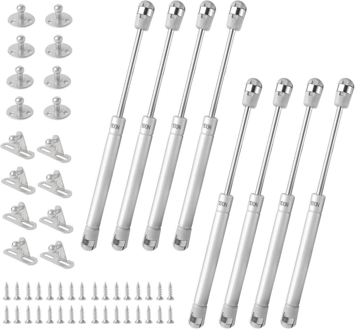 8 Stuks 100N Gasveer voor Keukenkastdeuren, Zilver, Soft Close Hinge, Gaslift Ondersteuning en Kit voor Kastdeuren