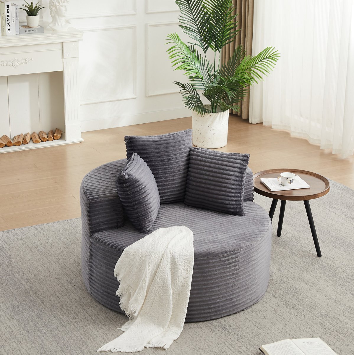 MIVRAY Fauteuil Rond 110 Cm - Loungestoel Met 3 Sierkussens En Brede Armleuningen - Voor Woonkamer, Slaapkamer En Speelkamer - Cord Grijs