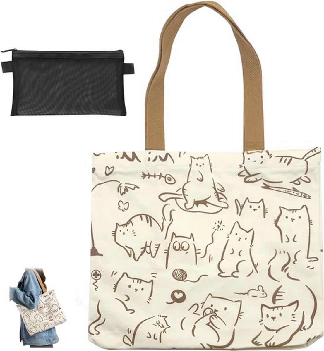 Herbruikbare grote canvas tas voor vrouwen, schattige katten tas met rits en vakken, ideale boodschappentas en cadeau voor kattenliefhebbers