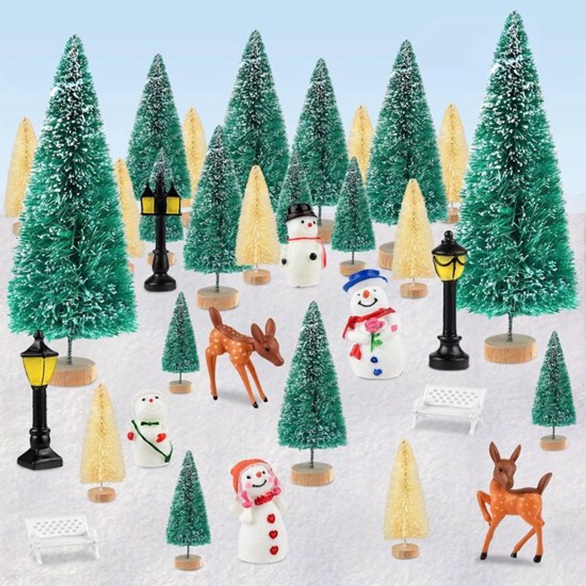 33-delige kerst dorp accessoires voor ambachten, mini kerstbomen, kerstfiguren, ornamenten, flessenborstel bomen, sneeuwpop, herten en micro landschap voor winterse feestdecoraties en thuisfeesten