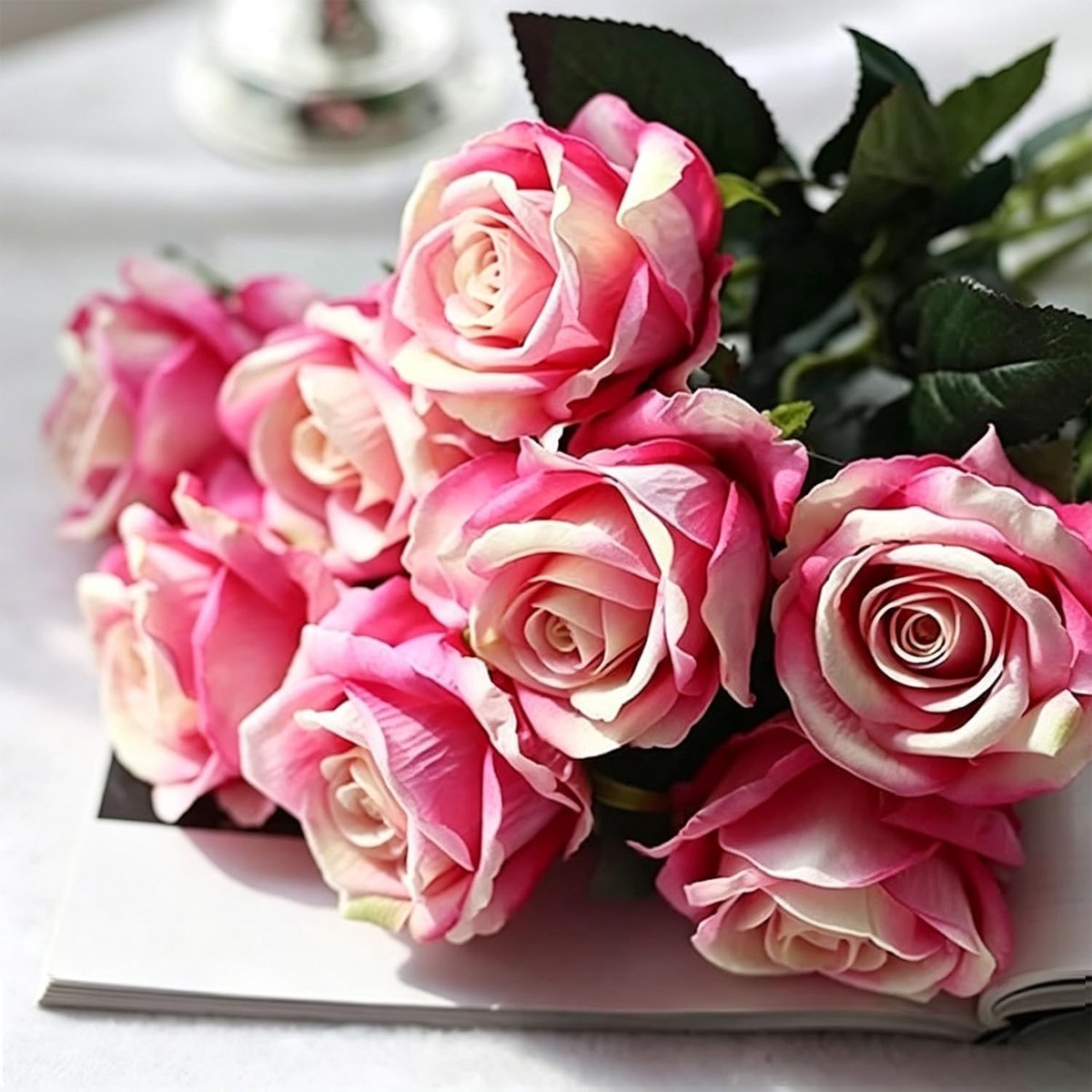 Kunstmatige Rozen Boeket - Set van 12 - Intens Roze Flanel - Perfect voor Bruiloften en Interieurdecoratie - ShopVlot