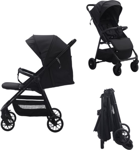 Collage van een zwarte buggy in opengeklapte en ingeklapte toestand.