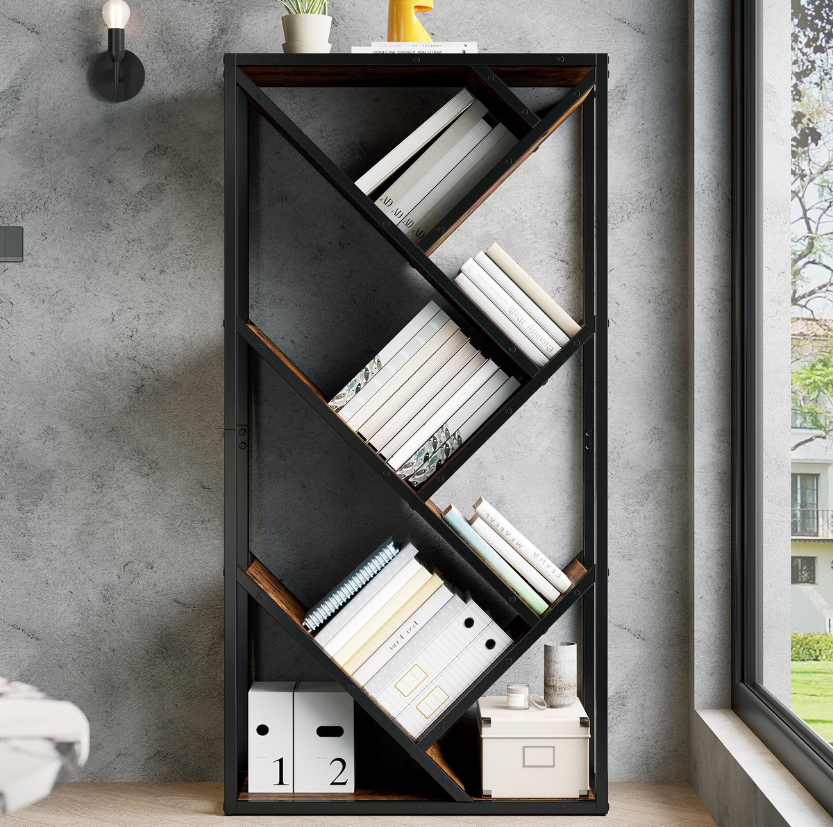 REDOM - Boekenkast - Boomvormig - Open kast met 8 niveaus en anti-kipbeveiliging - Industrieel - Woonkamer, werkkamer en kantoor - MDF en staal - Zwart en Bruin - 80 x 35 x 160 cm