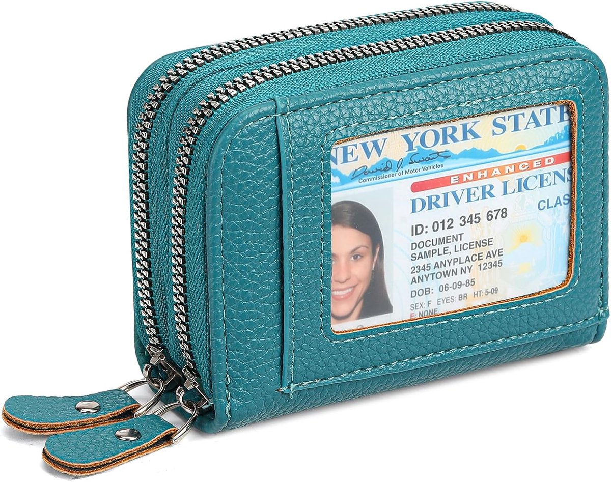 SnelShoppen - Creditcardhouder Dames RFID Blokkerend Leren Klein Portemonnee Dubbele Rits Met ID Venster, Zee Blauw, Modern Design