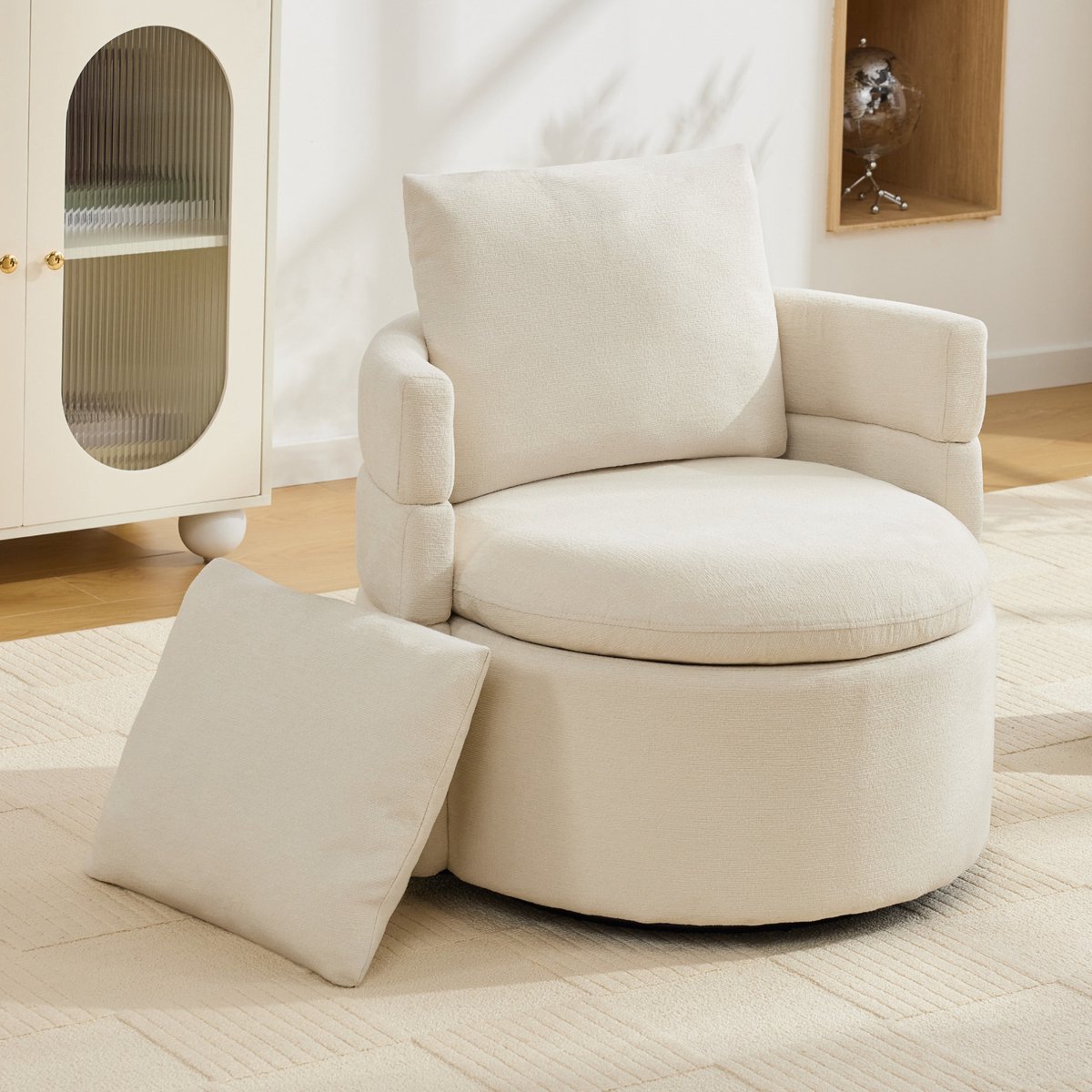 MODENUIT Fauteuil 78,5 x 73 x 83 cm - 360° Draaibaar Met Verborgen Opbergruimte - Chenille - Ivory