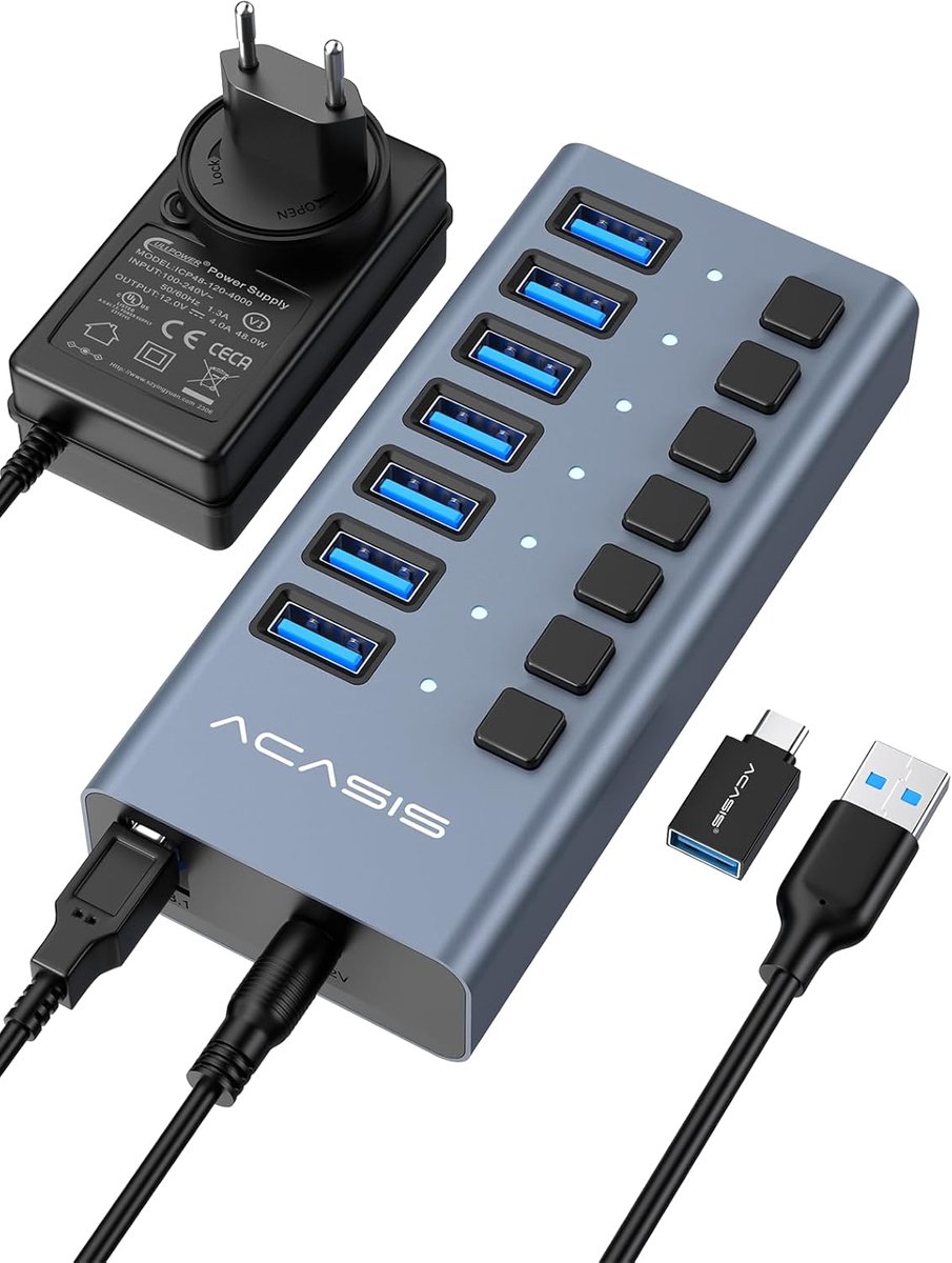 SnelShoppen - Powered USB 3.1 Hub met 7 Poorten, Aluminium Behuizing, 10Gbps Gegevensoverdracht, 24W Voeding, USB Hub Voor PC/Laptop, Printer, Flash D