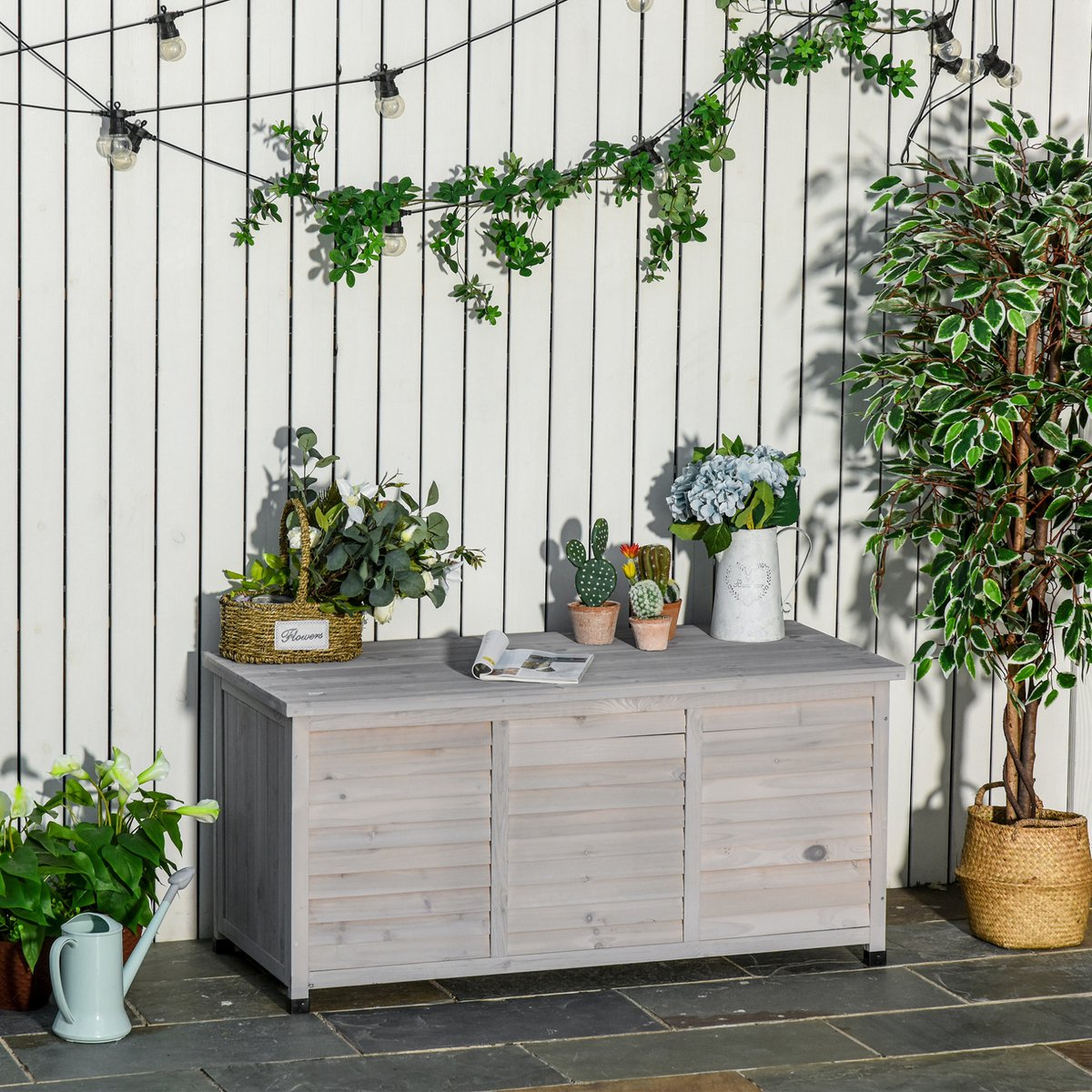 FloraGrace Kussenbox - Houten Opbergbox Met Ventilerend Lattenontwerp En Deksel Met Kettingen - Voor Tuin En Terras - Lichtgrijs - 127x56x60 Cm