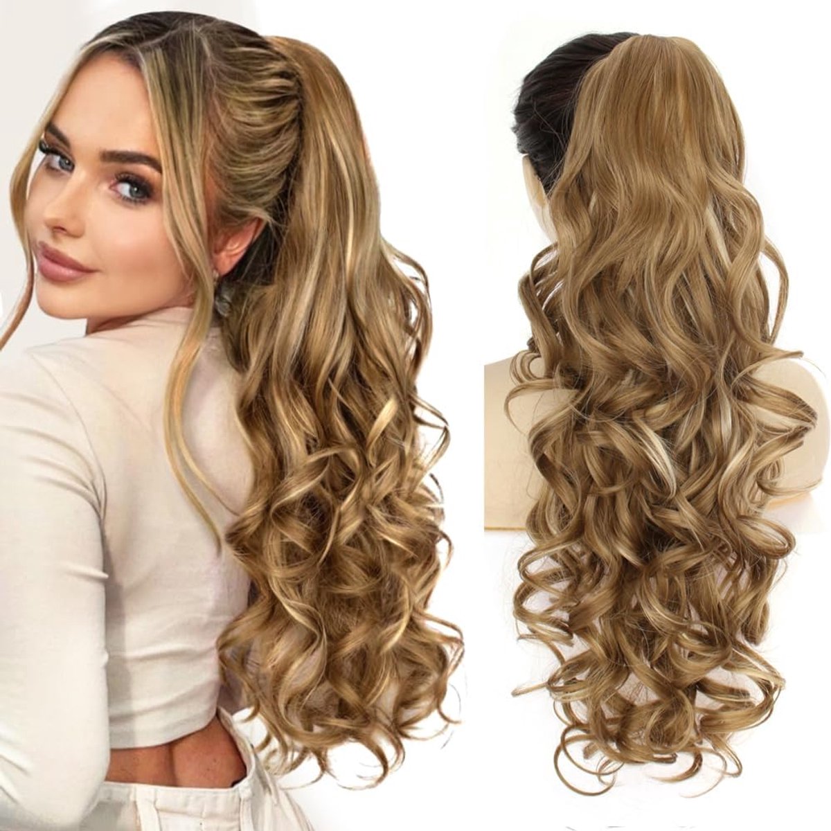 SnelShoppen - Ponytail Haarstuk met Klem Claw Clip 26 Inch Lang Volumineuze Golf Ponytail Haarverlenging, Middelblond met Blonde Strepen voor Vrouwen,