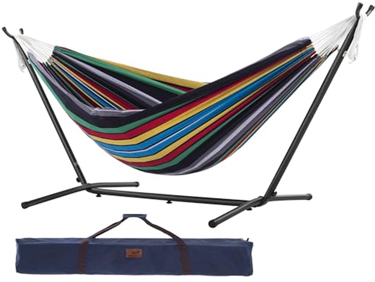 Katoenen hangmat - Hangmat met standaard - Ontspannen buiten - Inclusief draagtas - 250 cm - Nachtblauw