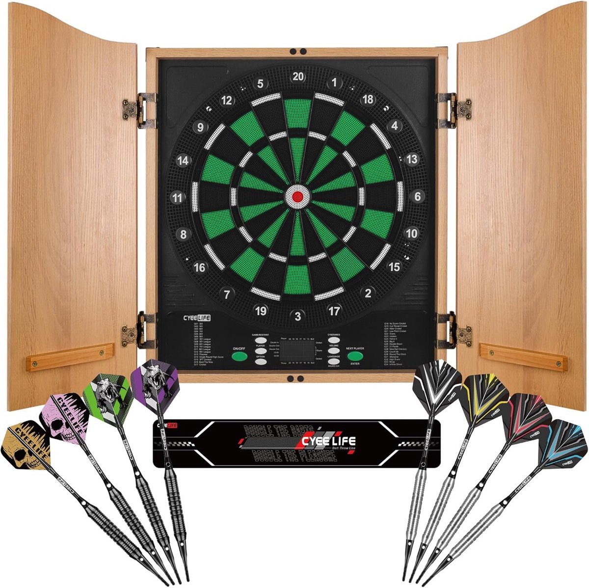 SnelShoppen - Elektronisch Dartbord met Houten Kast, 34 Spellen, 355 Variaties, 8 Spelers, LED Display, Duitse Stem - Perfect voor Feesten en Gezellig