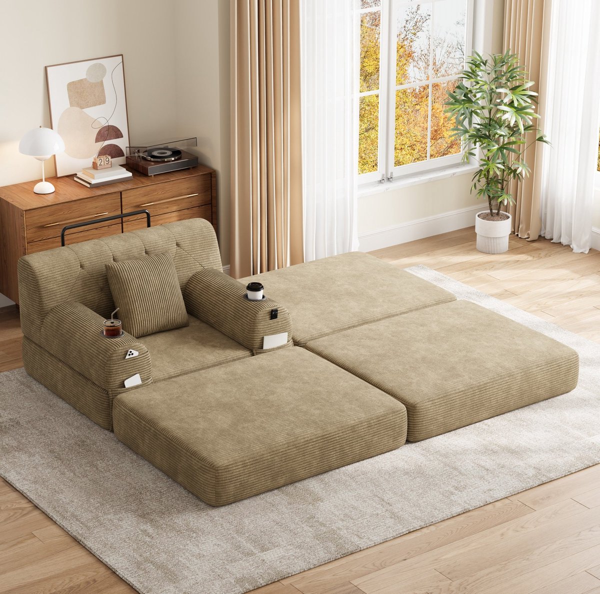 MIVRAY Slaapbank 1-Zits 107 Cm - Met Hoge Rugleuning, 2 Bekerhouders En 4 Zijvakken - Voor Woonkamer En Gastenkamer - Cord Khaki