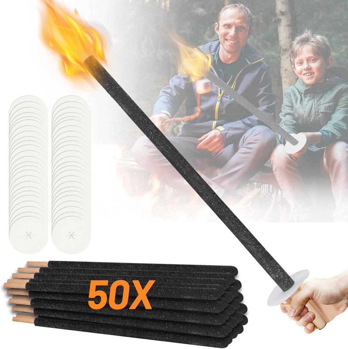 SnelShoppen - 50 Stuks Fakkels 72 cm - Brandduur 90-100 Minuten - Met Handbescherming en Druppelbak - Geschikt voor Wandelen, Kampvuur, Tuin, Buiten D