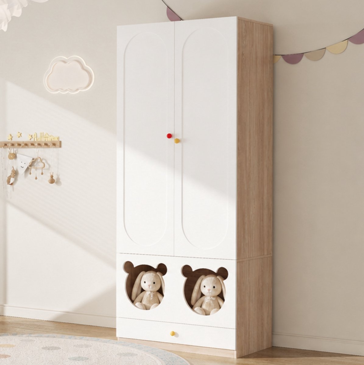 FloraGrace Kledingkast - 2 Deuren Met Stang En Lades - Voor Kinderkamer En Speelkamer - MDF - Natural Wit - 80x50x200 Cm