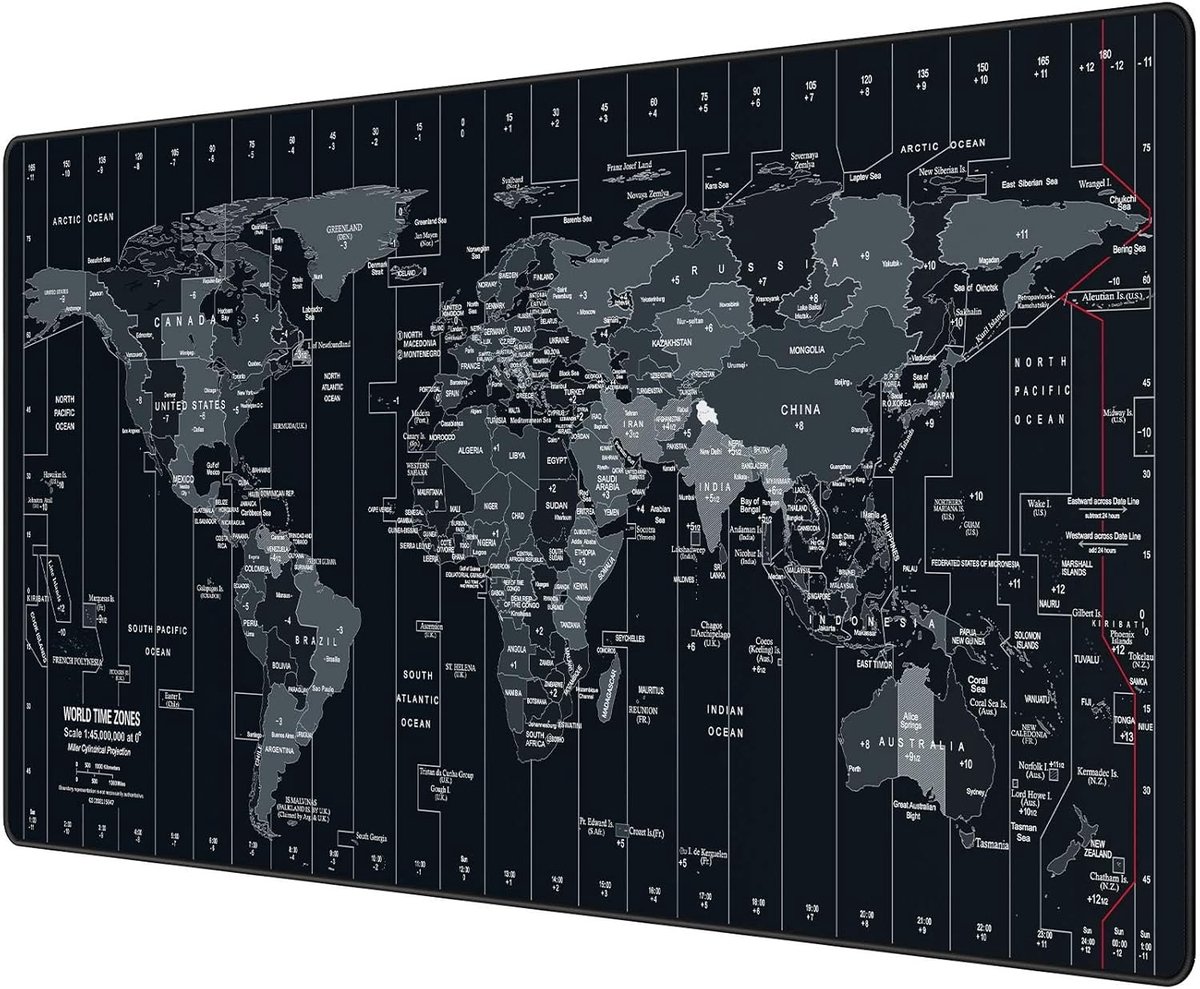 Gaming Muismat - Zwart/Wereldkaart - 900 x 400 x 3 mm - Antislip Textuuroppervlak - Voor Computer en Kantoor