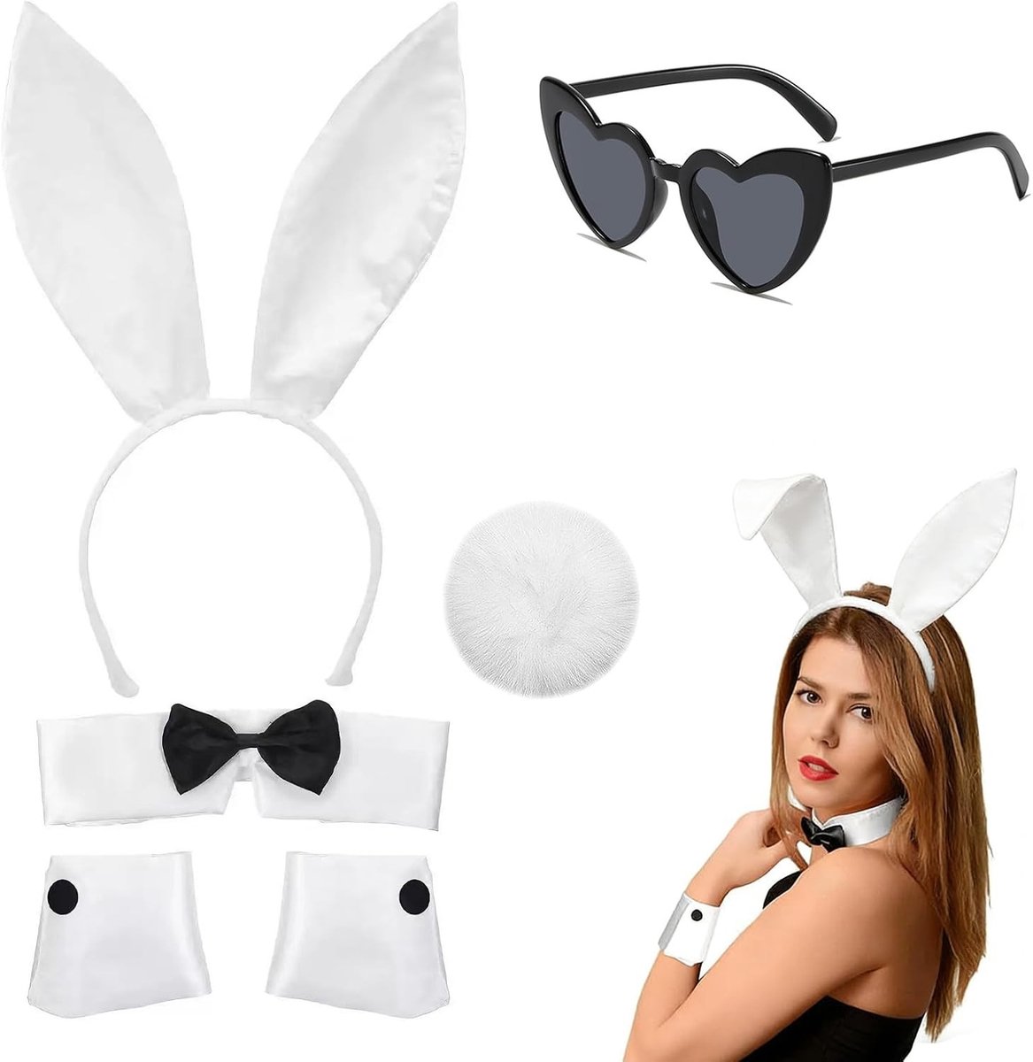 Vrouwelijk Konijn Kostuum Set met Oren, Strik, Mouwen, Bril en Staart voor Halloween en Cosplay Feesten, Perfect voor Dierenliefhebbers en Verkleedpartijen