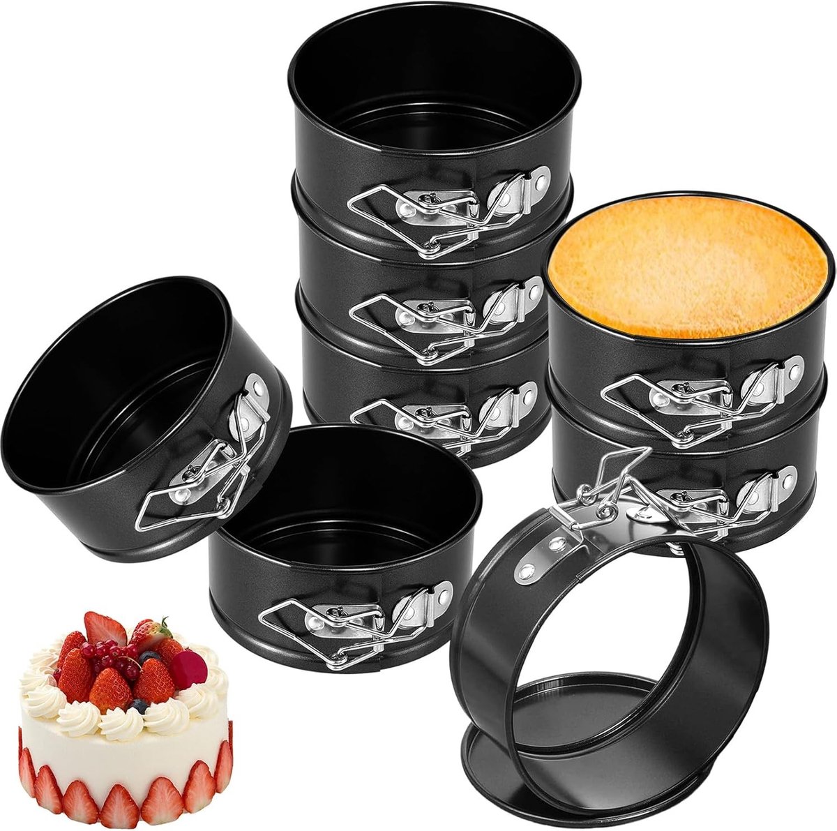 Set van 8 ronde bakvormen met uitneembare bodem, anti-aanbaklaag voor taarten, quiches en mousses