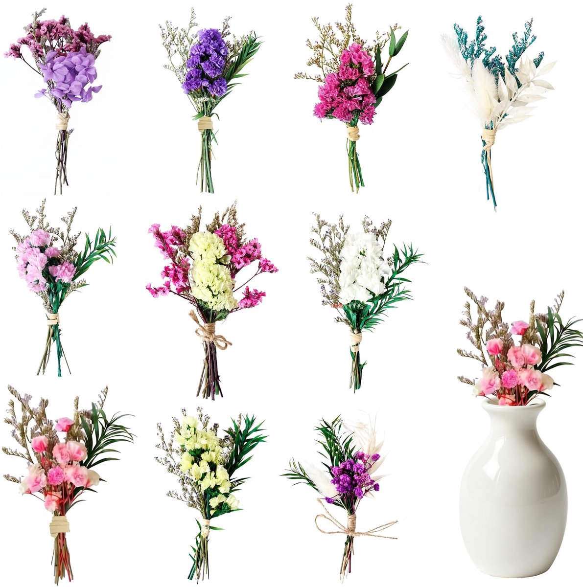 Famanu – Set van 10 mini droogbloemen boeketten met vergeet-me-nietjes en gipskruid voor DIY decoratie