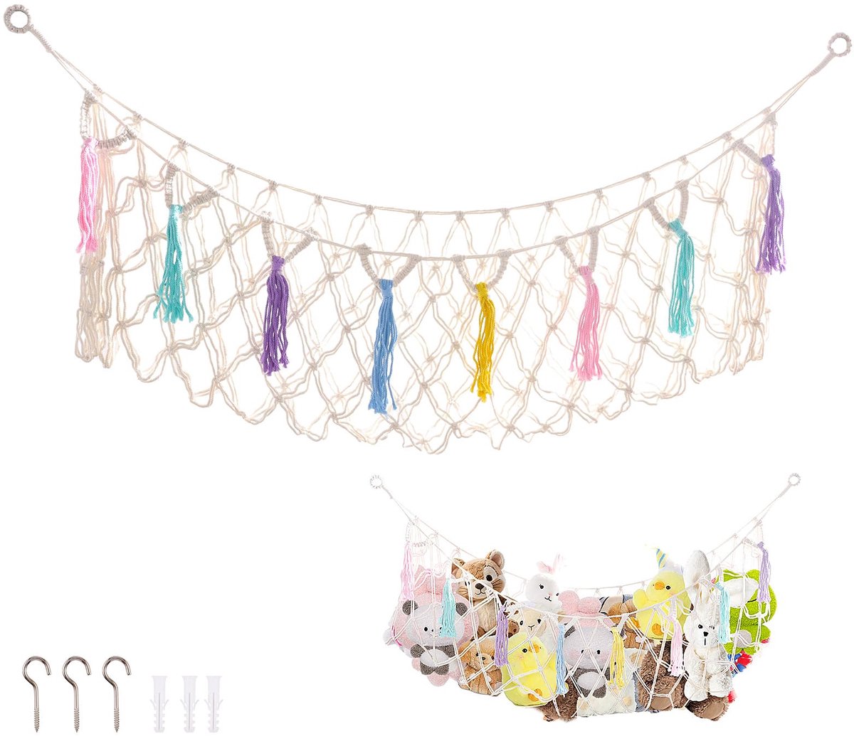 Famanu – Knuffeldier opbergnet, hangmat met katoenen touw, grote inhoud met haken, ideaal voor knuffeldieren en speelgoed in de kinderkamer