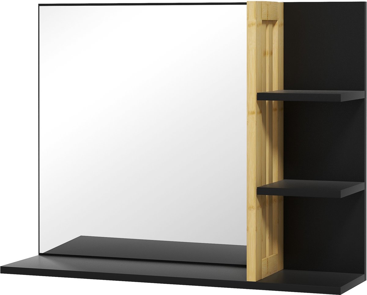 Badkamerspiegel met opbergplanken, 3 zijplanken + 1 onderste plank, bamboehout