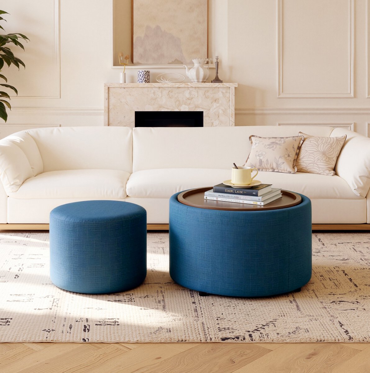 Wishdor Hocker set van 2 - Nesting opbergpoef met houten blad - Linnen bekleding en verborgen opbergruimte - Woonkamer slaapkamer kantoor - Blauw - 58 x 58 x 38 cm