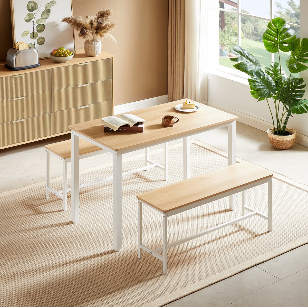 Wishdor Eettafelset met 2 banken - Industrieel design - Ruimtebesparend onder de tafel - Houtlook en staal - Voor keuken woonkamer eetkamer - Naturel en wit - 110 x 60 x 75 cm