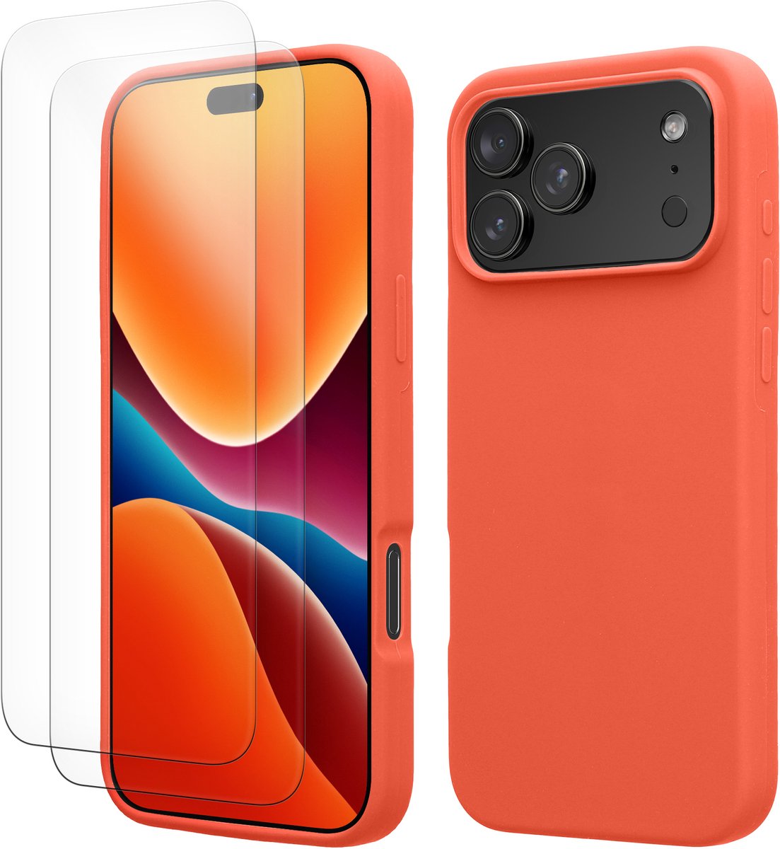 kwmobile hoes met 2x screenprotectors voor Apple iPhone 18 Pro Max / iPhone 17 Pro Max – screenprotector van gehard glas – draadloos opladen – levendig koraal