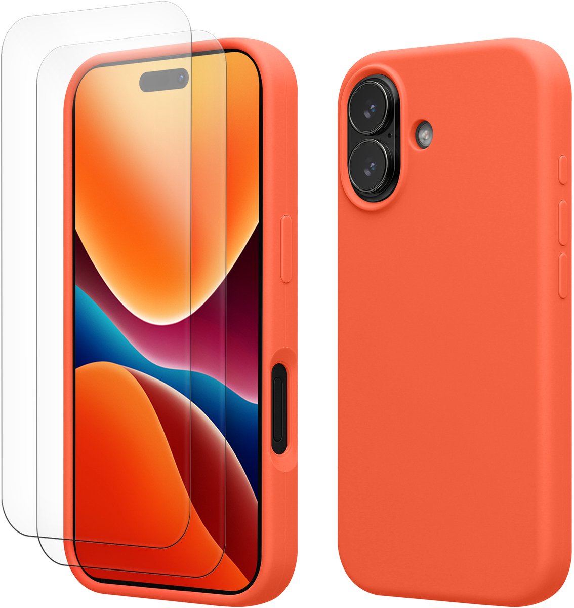kwmobile hoes met 2x screenprotectors voor Apple iPhone 17 – screenprotector van gehard glas – draadloos opladen – levendig koraal