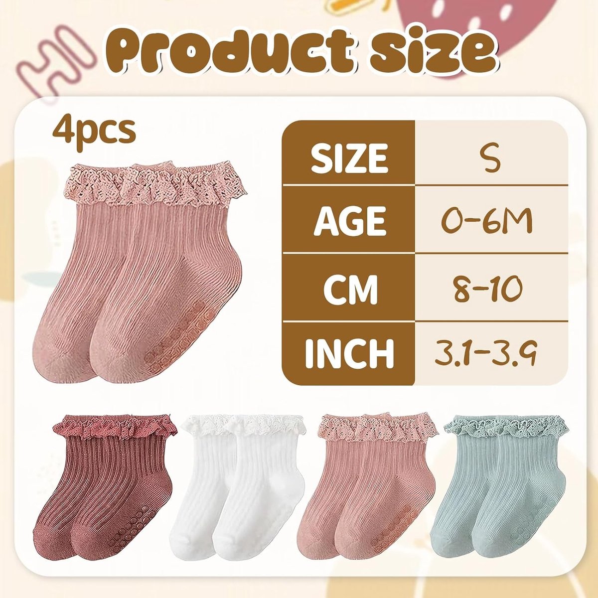Schattige Antislip Baby Sokken met Rimpels voor Meisjes, 0-6 Maanden, Perfect voor Doop, Dagelijks Gebruik of Cadeau (Maat S)