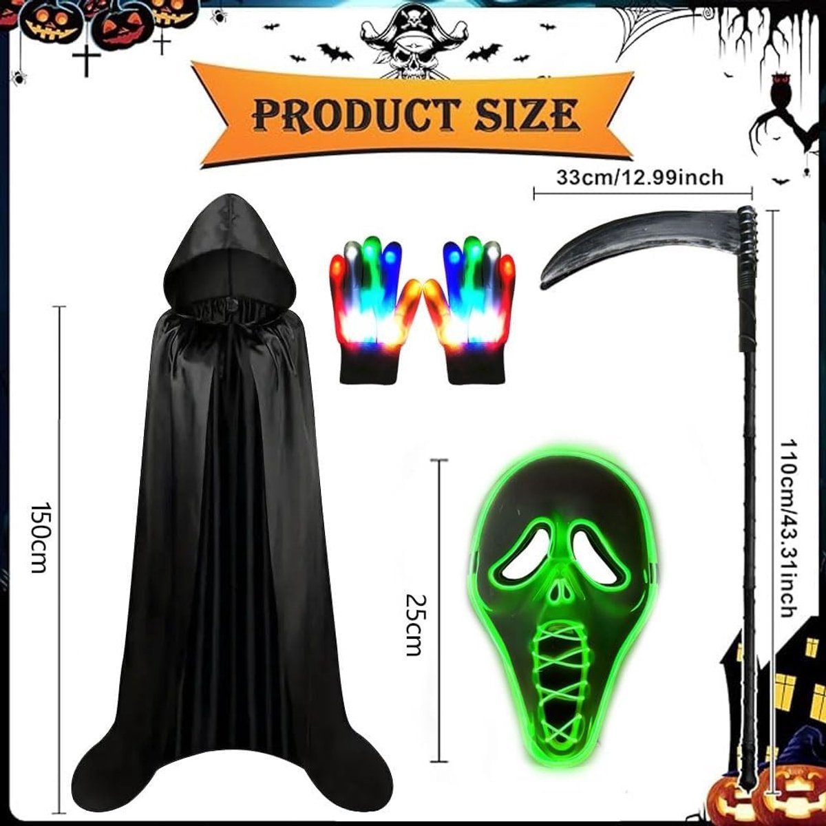 Halloween Kostuum voor Jongens met Luminous Masker, Cape, Zeis en Glow Handschoenen voor Feest, Carnaval en Cosplay