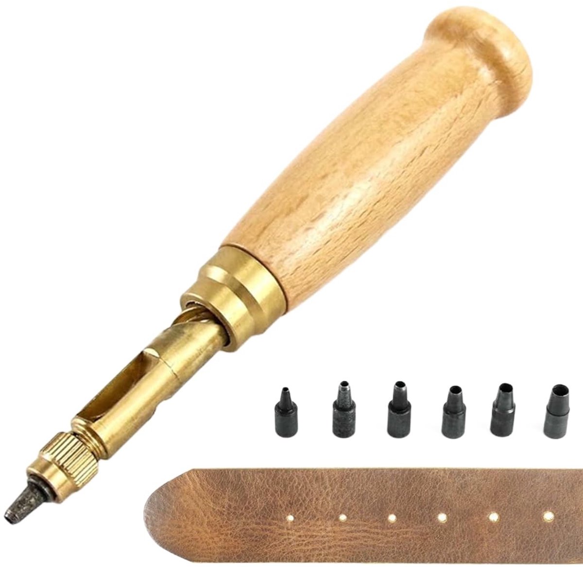 Handmatige Lederen Perforator - Zwart - 13,2 x 2,5 cm - Draagbare Ponsmachine met 6 Matrijzen - Voor Leer en Papier
