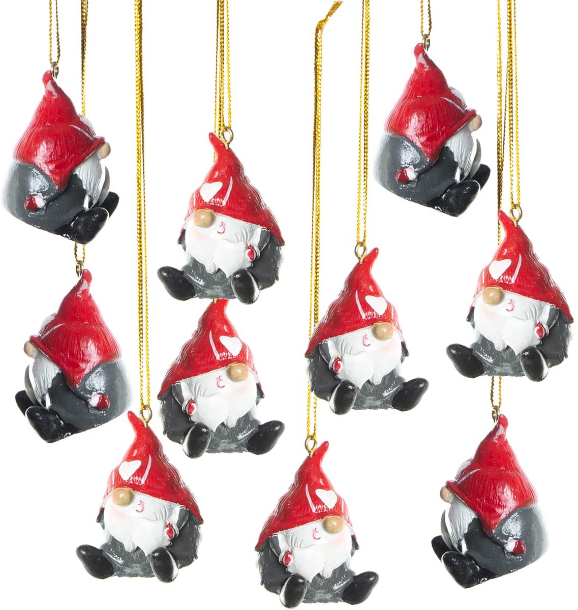Famanu – 10 kabouters kerstversiering, om op te hangen als boomversiering in rood, wit en grijs, 4 cm groot, ideaal voor Sinterklaas en Kerst