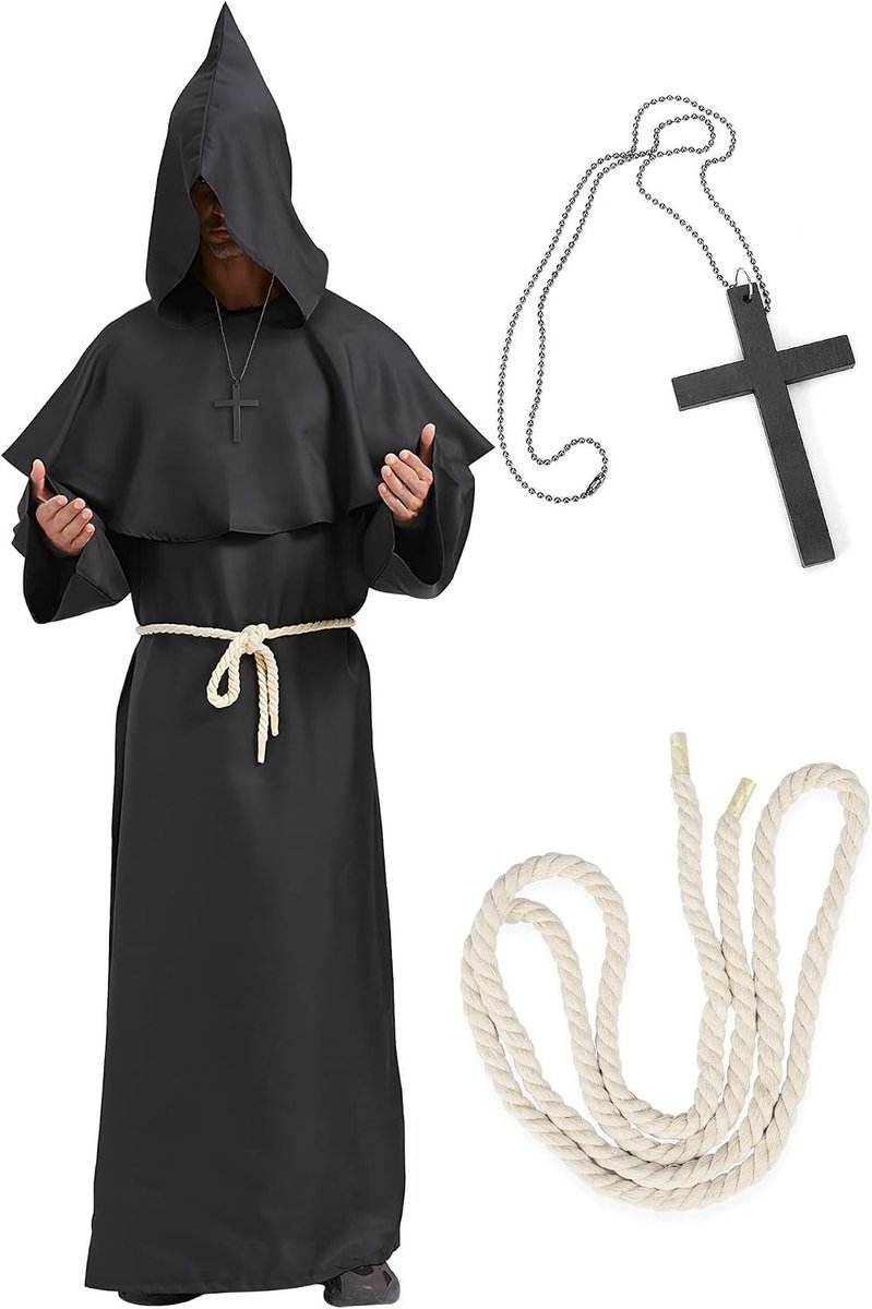 Monnikenkostuum - Zwart - Volwassenen - Inclusief Mantel, Tailletouw en Kruis - Voor Halloween en Theatrale Voorstellingen