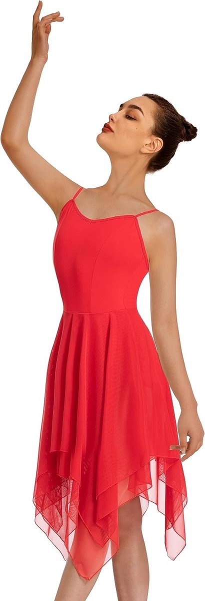 Moderne Lyrische Jurk - Rood - XL - Asymmetrische High-Low Mesh Rok - Voor Dames