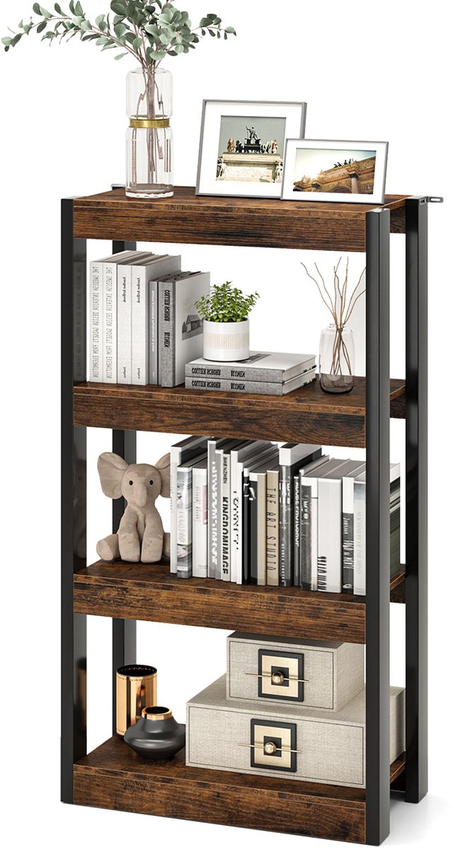 COSTWAY Staande rek hout met metalen frame, Boekenrek met 2 anti-kantelsets & open schappen, vrijstaand keukenrek voor woonkamer, keuken en werkkamer (Bruin, 4 lagen)