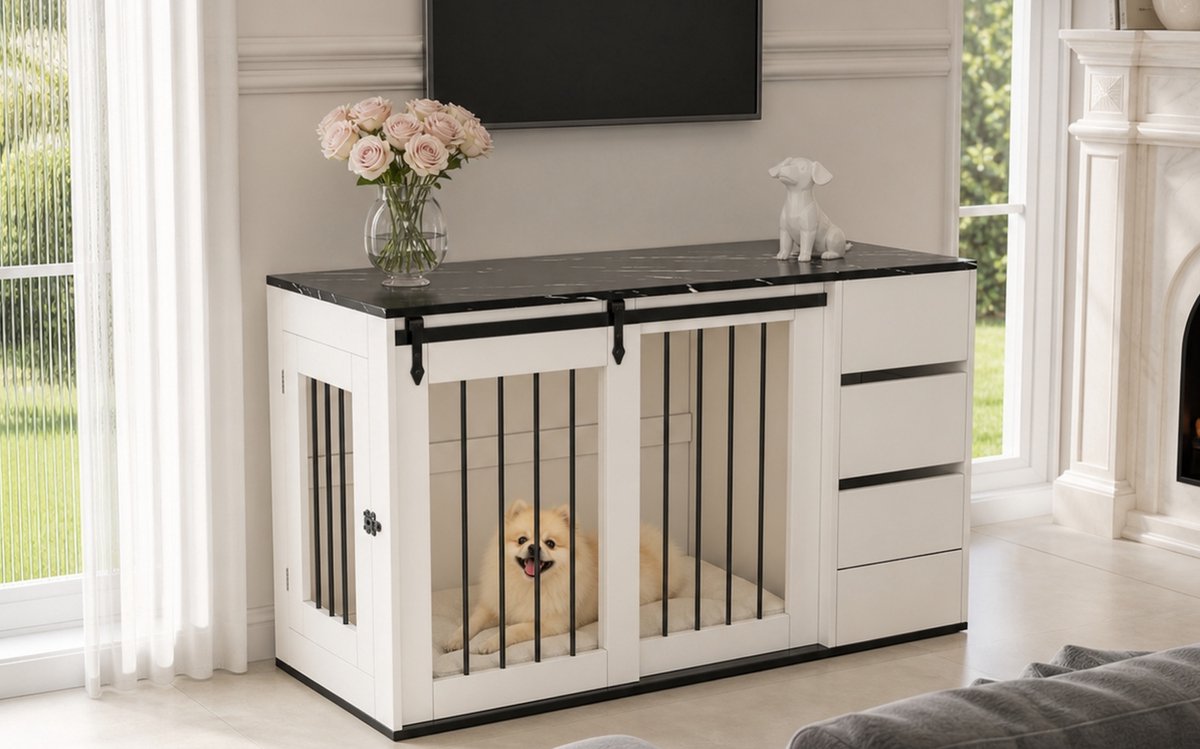 MIVRAY Hundebox Bijzettafel – 140 x 60 x 87 cm – Met Schuifdeur En Opberglades – MDF En Metaal – Wit – Voor Huiselijk Gebruik