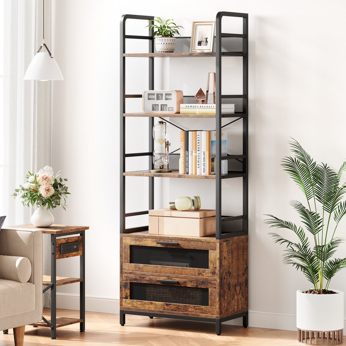 Boekenkast 4 Lagen met 2 Laden - 80x30x180cm - Hoge Boekenkast - Opbergkast - Rustiek Displayrek - Voor Woonkamer Slaapkamer Kantoor - Bruin