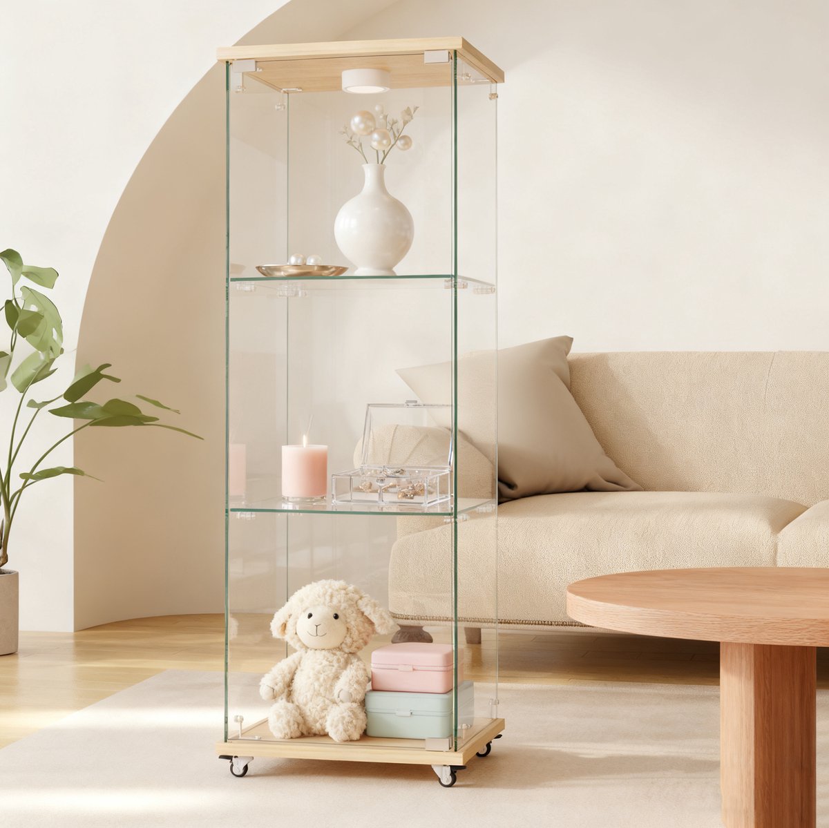 Wishdor Glasvitrine met LED-verlichting - 3-laags design met hardglas en MDF - Modern design voor woonkamer slaapkamer kantoor - Natuurkleur - 42,5 x 36,5 x 121,7 cm