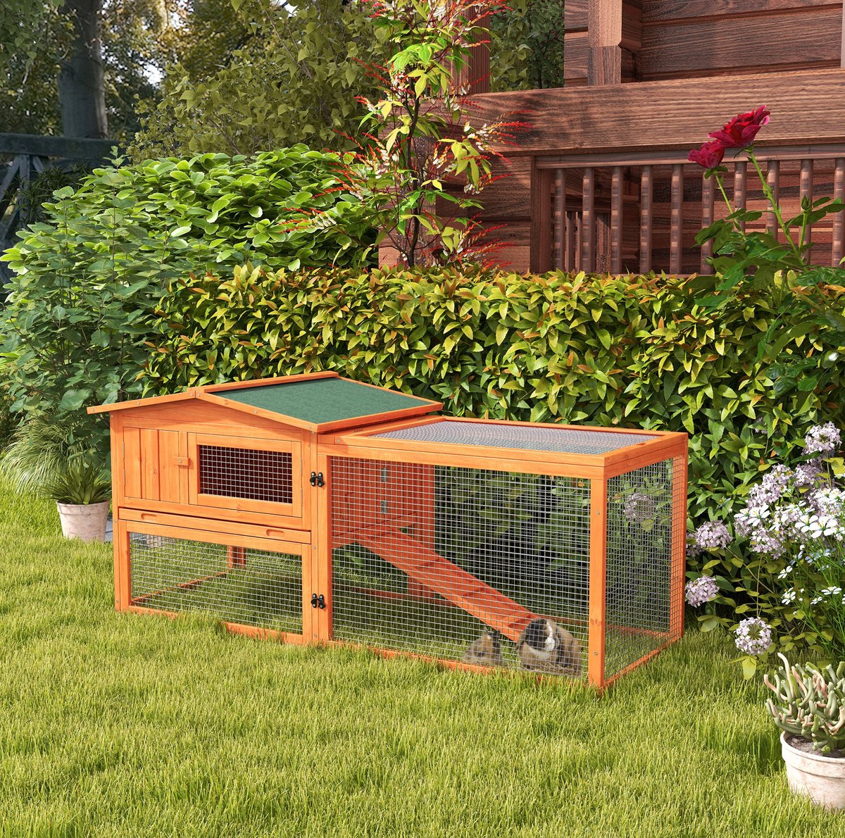 REDOM - Kleintierstall - Asphaltdach - Uitneembare bodenlade - Met loopplank en tralieraam - Voor binnen en buiten - Hout - Oranje - 156 x 58 x 68 cm
